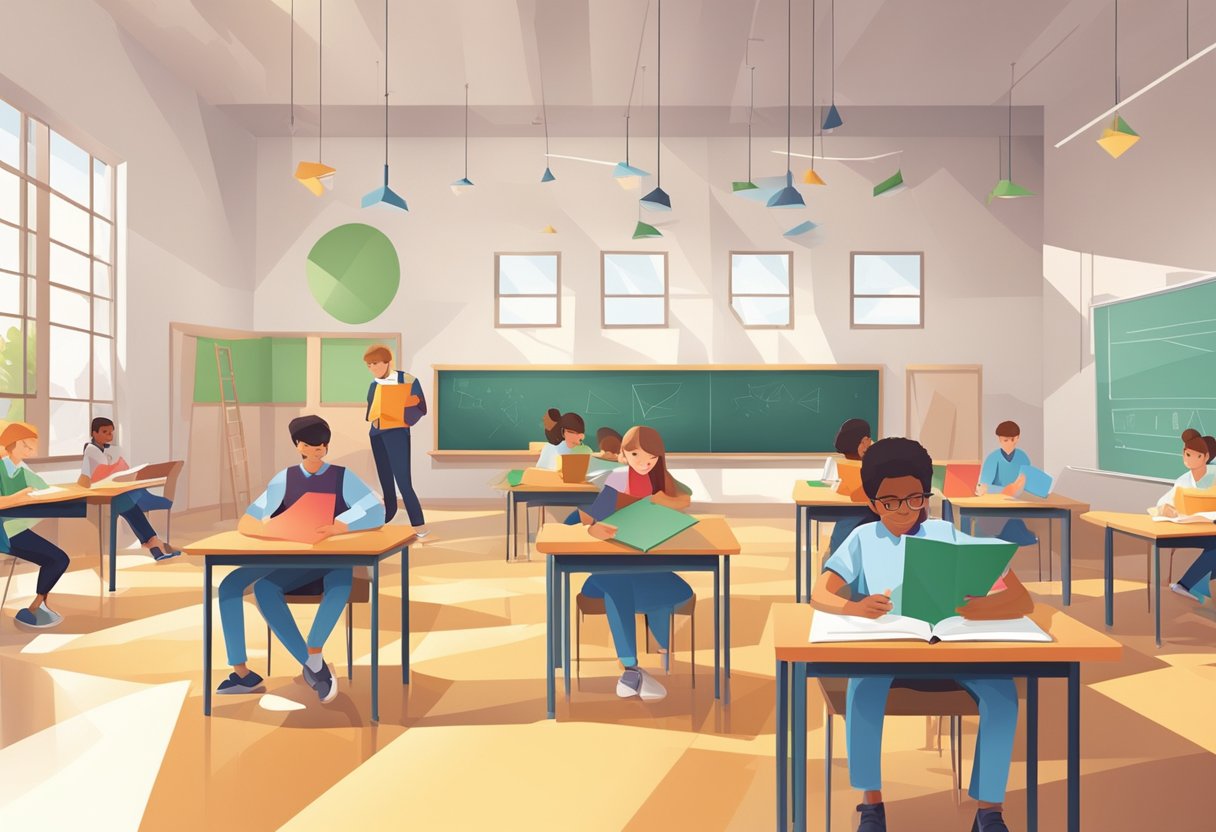 A classroom with geometric shapes on the board, students working on angles and shapes, textbooks open to geometry lessons