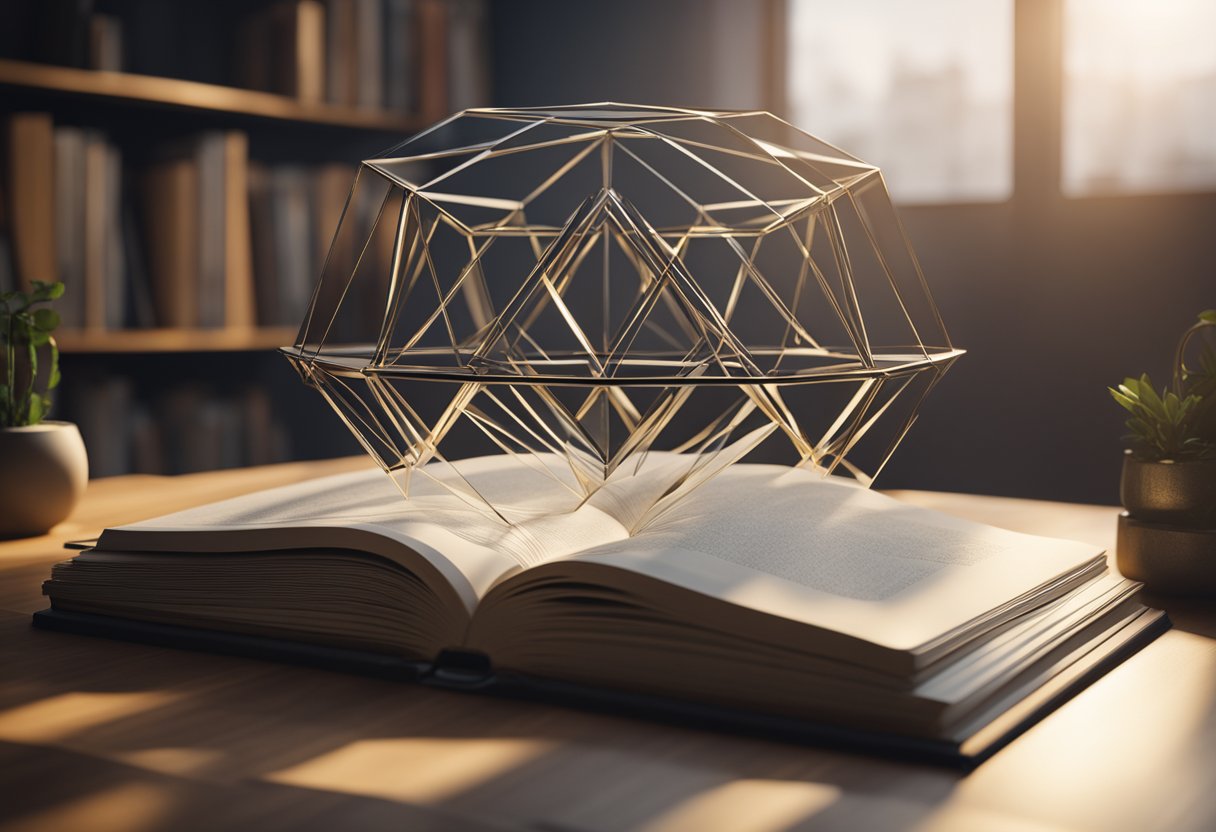 A geometric shape floating above a book with lines and angles radiating out, surrounded by various shapes and measurements